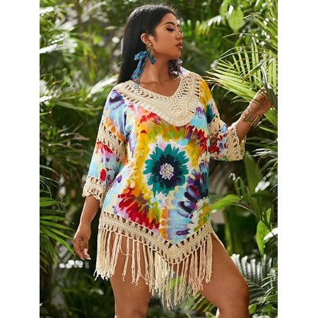 Colorful Loose Beach Dress With Beige Knit - BEAUTY BAR