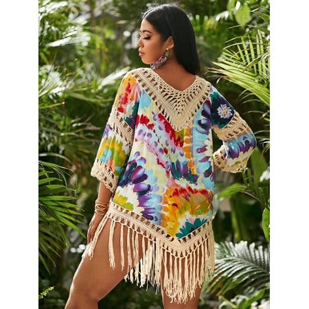 Colorful Loose Beach Dress With Beige Knit - BEAUTY BAR