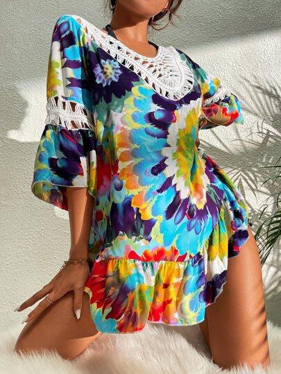 Colorful Loose Beach Dress With White Knit - BEAUTY BAR