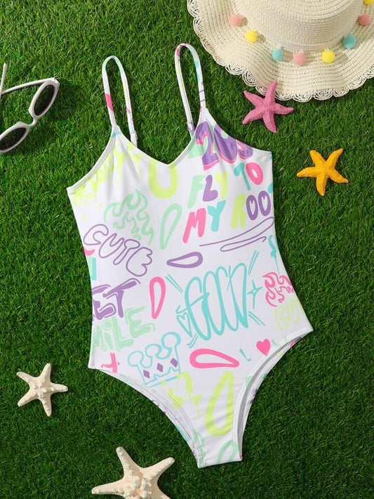 Crown & Letter Graphic One Piece Swimsuit White - BEAUTY BAR