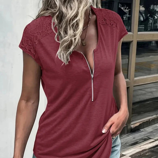 Lace Stitching Zip Up T-shirt, V Neck Short Sleeve T-Shirt