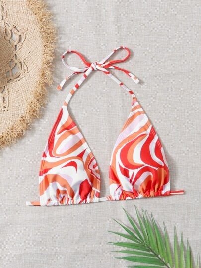 Floral Print Halter Triangle Tie Side White-Orange Bkini - BEAUTY BAR