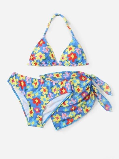 Girls 3-Pack Floral Print Bikini Swimsuit With Beach Skirt - BEAUTY BAR