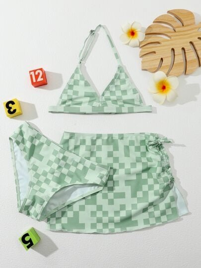 Girls Bikini Green Bathing Suit 3 Piece With Skirt - BEAUTY BAR