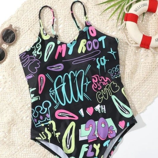 Plus Letter Graphic Crisscross Back One Piece Swimsuit