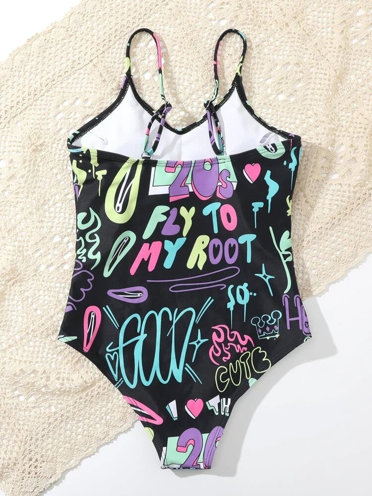 Girls Crown & Letter Graphic One Piece Swimsuit - BEAUTY BAR