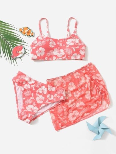 Girls Floral Bikini Swimsuit With Beach Skirt - BEAUTY BAR