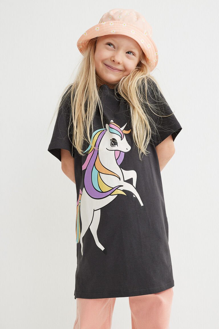 H&M Cotton T-Shirt Dress Black/Unicorn - BEAUTY BAR