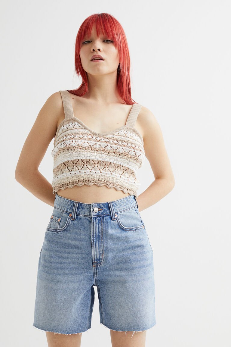 H&M Crochet-Look Crop Top Light Beige/White - BEAUTY BAR