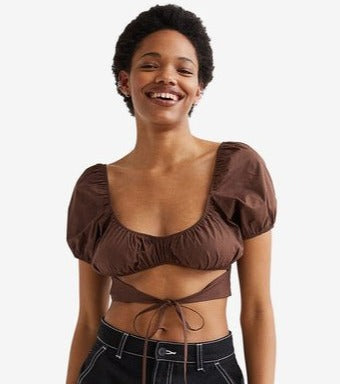 H&M Cropped Cut-Out Blouse Dark Brown - BEAUTY BAR