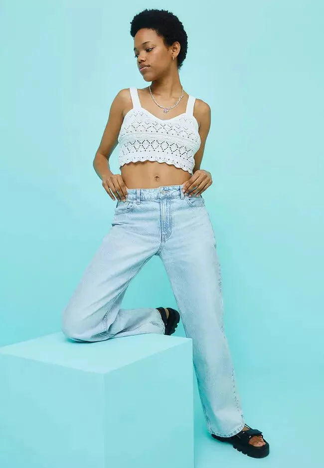 H&M Pointelle-Knit Crop Top White - BEAUTY BAR