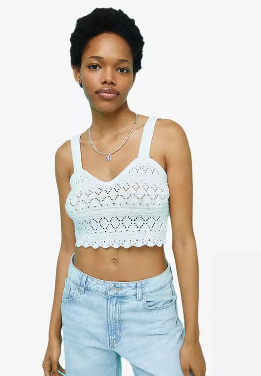 H&M Pointelle-Knit Crop Top White - BEAUTY BAR