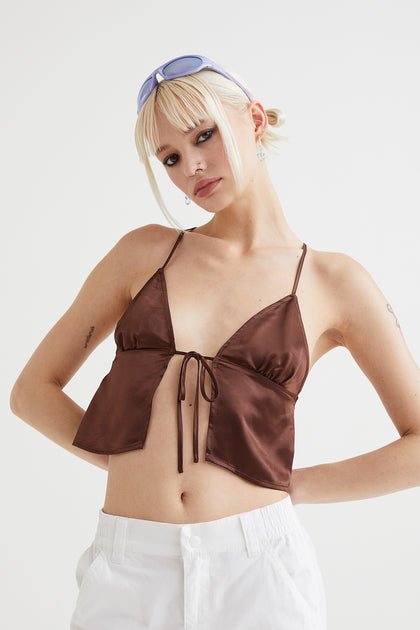 H&M Tie-Detail Satin Top Dark Brown - BEAUTY BAR