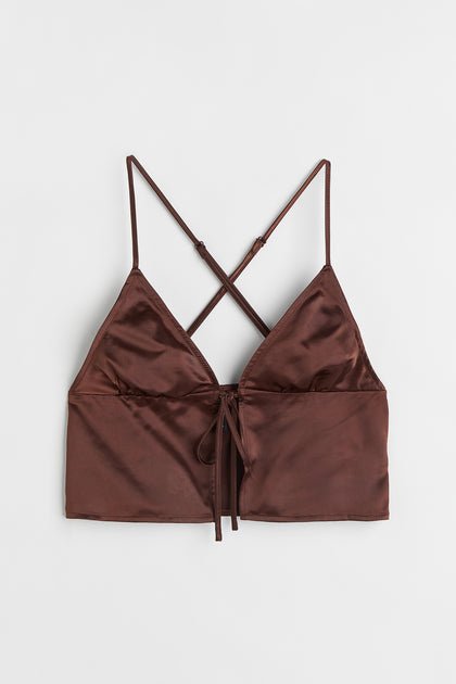 H&M Tie-Detail Satin Top Dark Brown - BEAUTY BAR