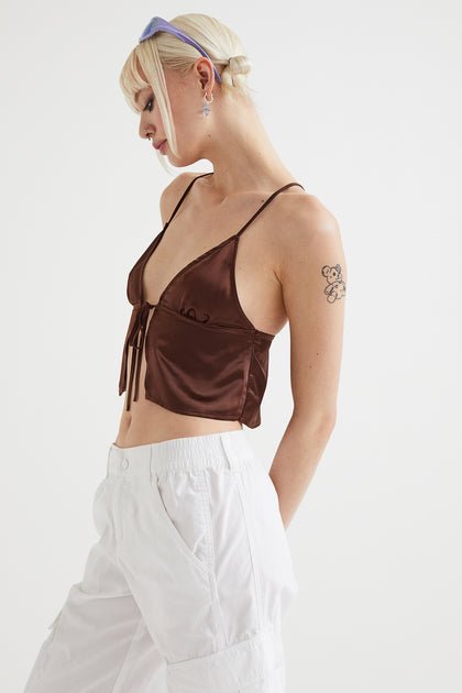 H&M Tie-Detail Satin Top Dark Brown - BEAUTY BAR