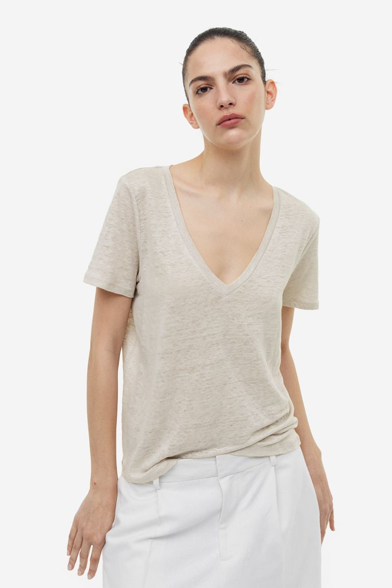 H&M V-Neck Linen-Jersey T-shirt Light Beige - BEAUTY BAR