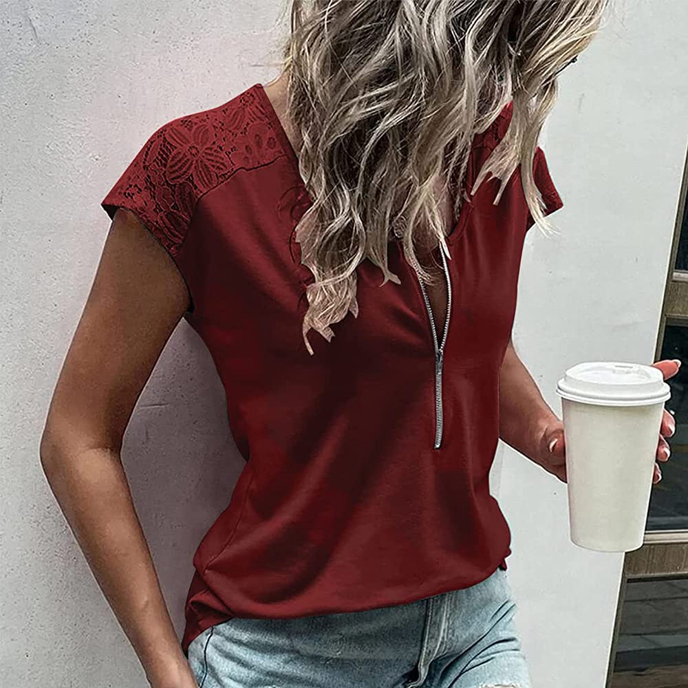 Lace Stitching Zip Up T-shirt, V Neck Short Sleeve T-Shirt