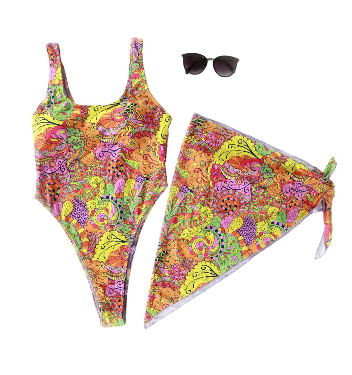 Multicolor Tow Piece Swimwear With Scarf