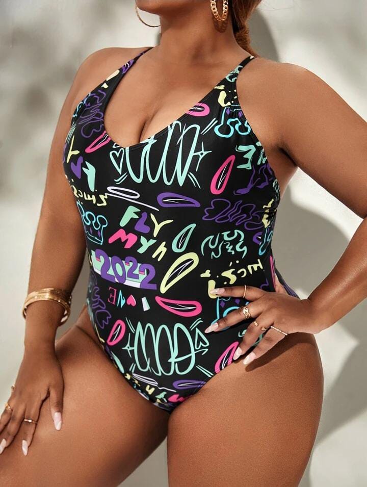 Plus Letter Graphic Crisscross Back One Piece Swimsuit - BEAUTY BAR