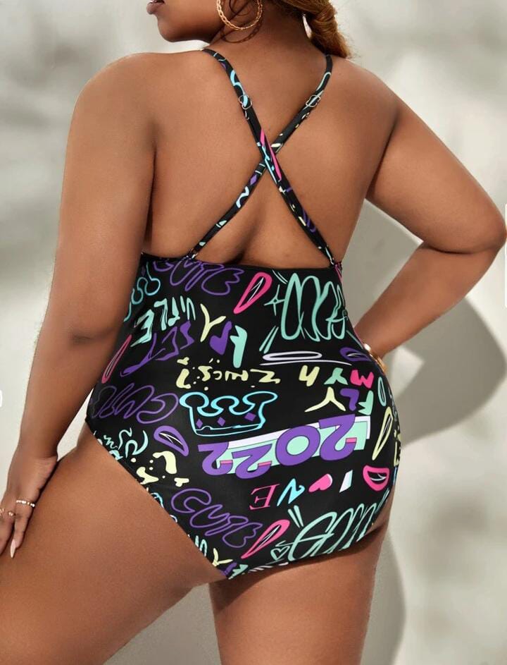 Plus Letter Graphic Crisscross Back One Piece Swimsuit - BEAUTY BAR