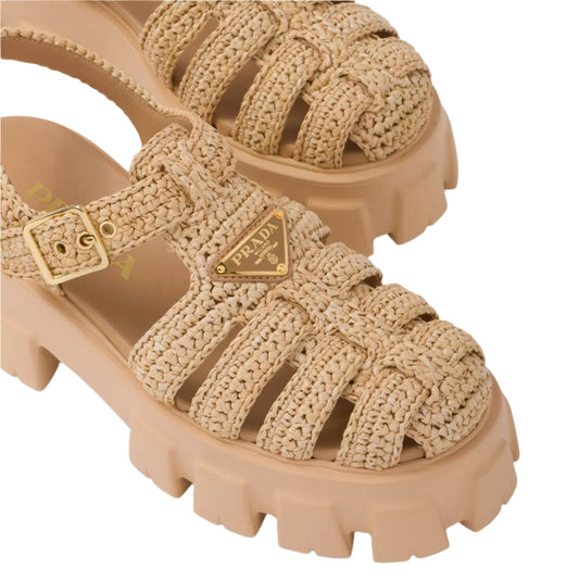 Prada Monolith Logo-Plaque Chunky-Sole Caged Crochet Sandals