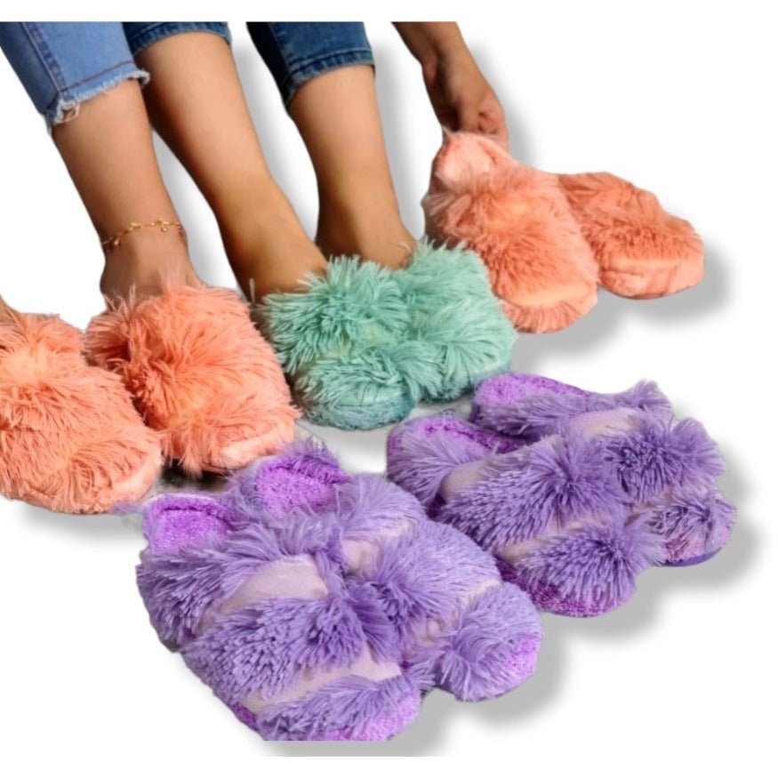 Purple Flat Bottom Fluffy Fuzzy Slipper Long Slide - BEAUTY BAR