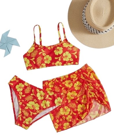 Red Floral Bikini Swimsuit With Beach Skirt - BEAUTY BAR