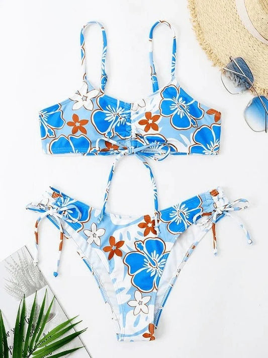 Wave Floral Print Bikini Set With Beach Skirt - BEAUTY BAR