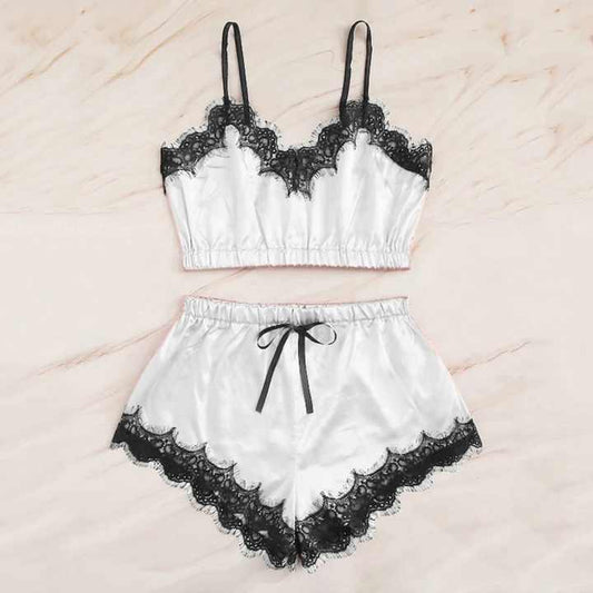 White Satin Pajama Set With Black Lace Trim - BEAUTY BAR