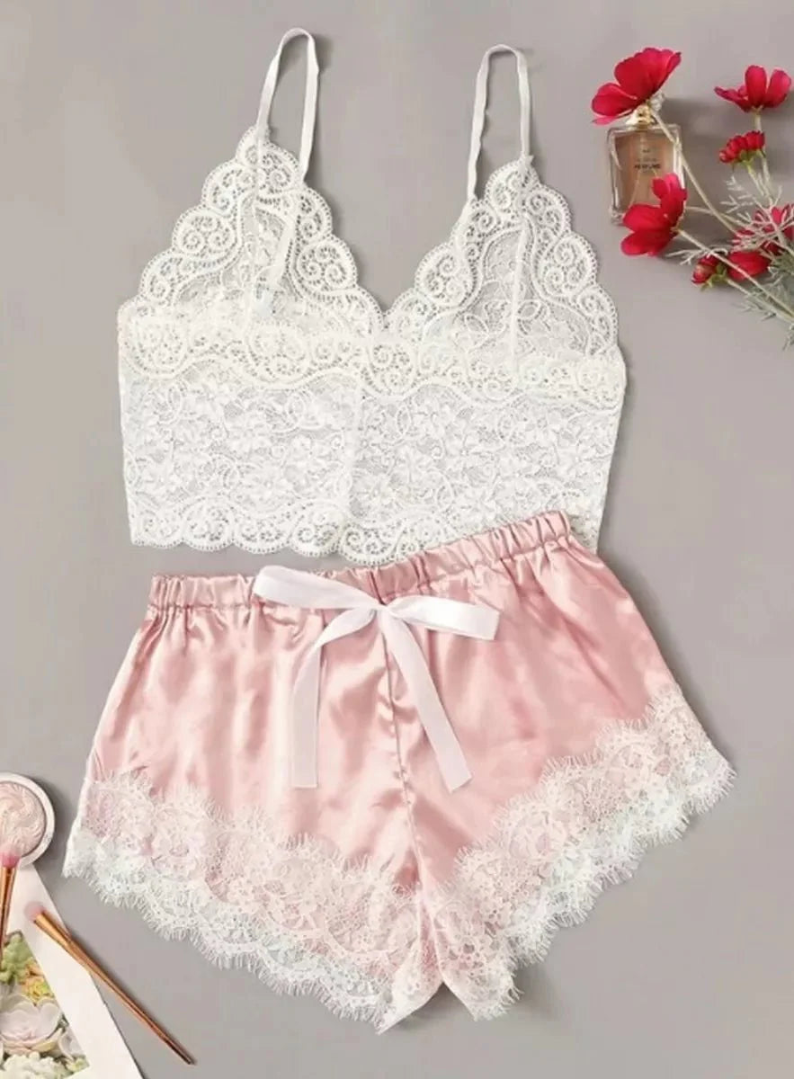 Women Sleepwear 4pcs Floral Lace Trim Satin - BEAUTY BAR