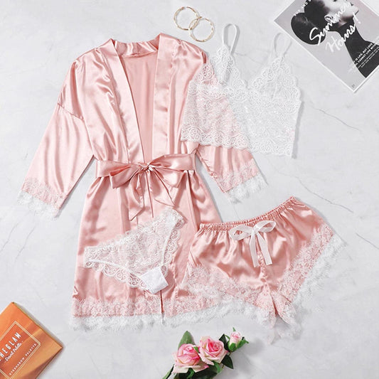 Women Sleepwear 4pcs Floral Lace Trim Satin - BEAUTY BAR