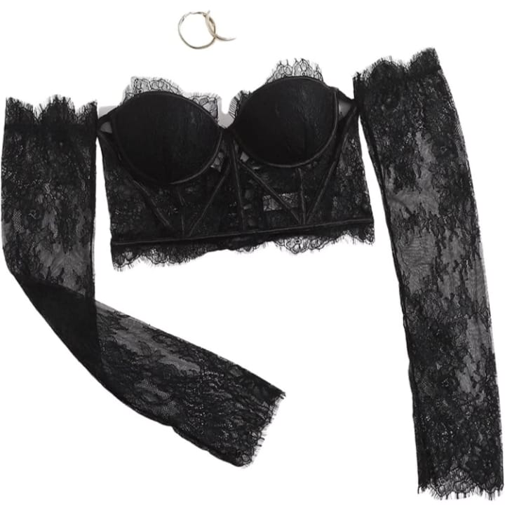 Women's Lace Off Shoulder Blouse Underwire Padded Bralettes Black - BEAUTY BAR