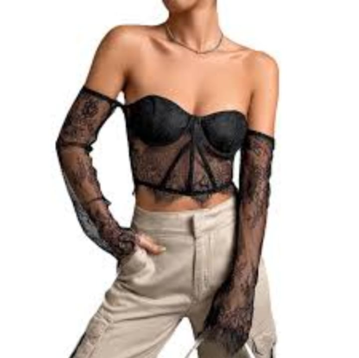 Women's Lace Off Shoulder Blouse Underwire Padded Bralettes Black - BEAUTY BAR